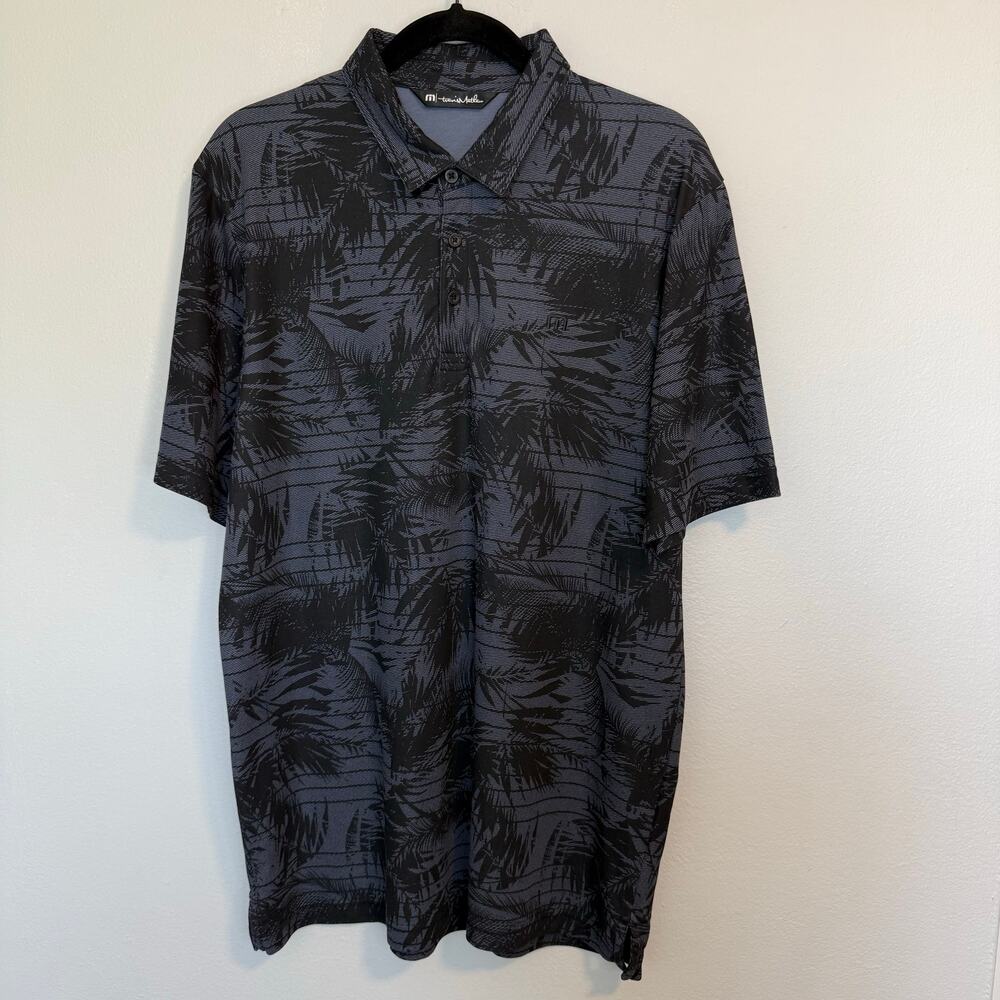 Travis Mathew Golf Polo Shirt L Black Gray Palm Tree Print Performance Golf